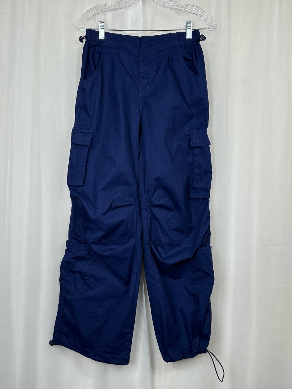 Forever 21 Navy Blue Cargo Parachute Pants Size S Wide Leg Baggy Utility Y2K 90s